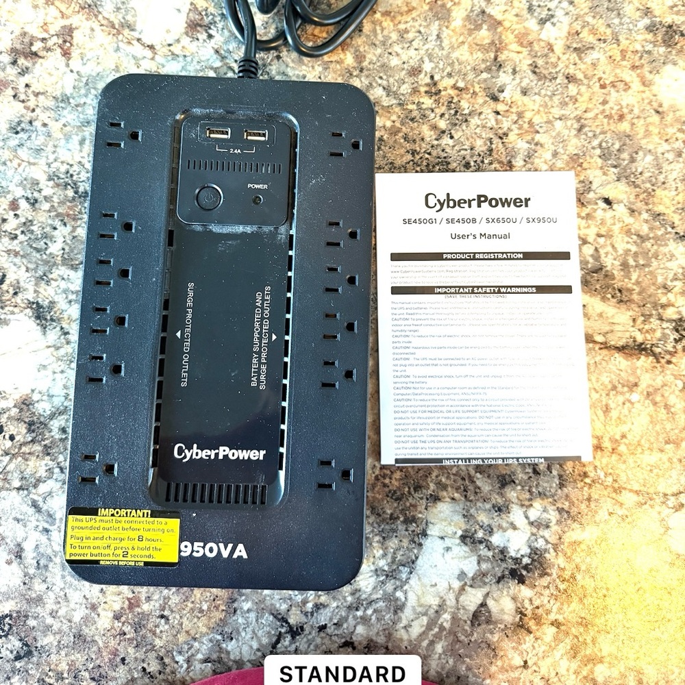 Black Surge Protector with USB Ports Battery Backup